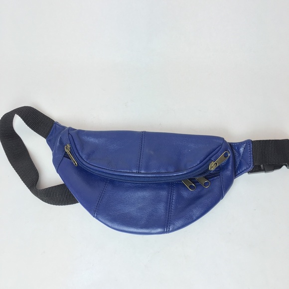 blue leather fanny pack