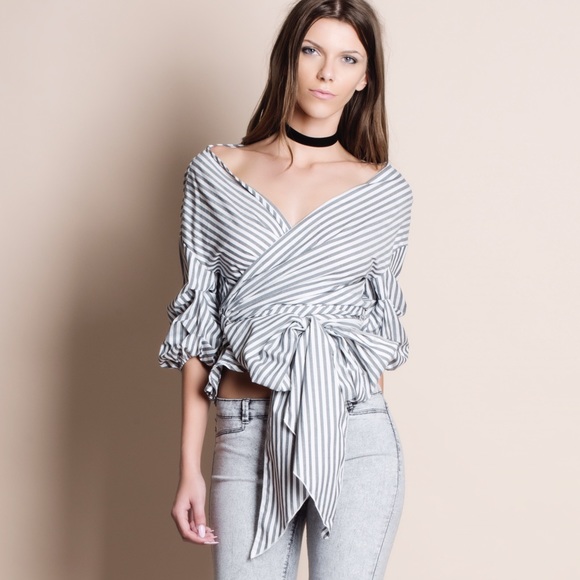Striped Off Shoulder Wrap Top - Picture 2 of 4