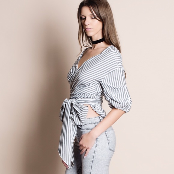 Striped Off Shoulder Wrap Top - Picture 3 of 4