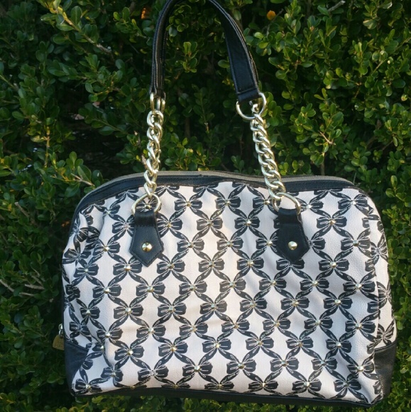 Betsey Johnson Large Bag Black Beige Bow - Picture 2 of 4