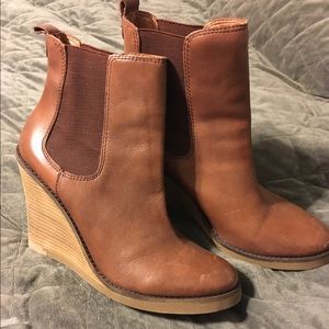 Lucky Brand Cognac Leather Wedge Booties