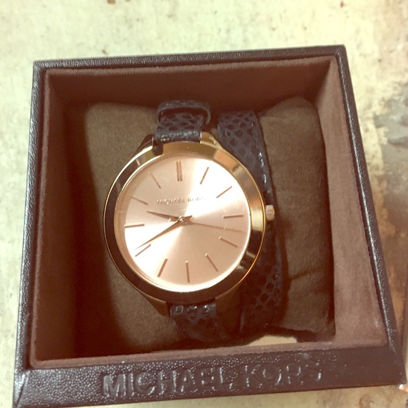 Black leather wrap around MK watch rose quartz