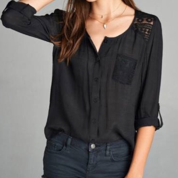 BOGO Black Button Up Blouse with Lace Back - Picture 2 of 2