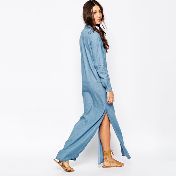 Easy Longsleeve Denim MAXI DRESS Blue Chambray NEW - Picture 2 of 2