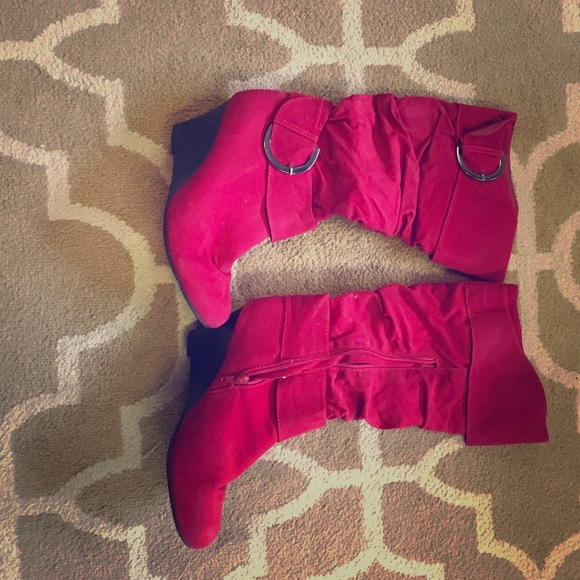 Red faux suede boots