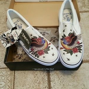 Draven Slip-Ons, Love Birds Sparrows Stars Tattoo