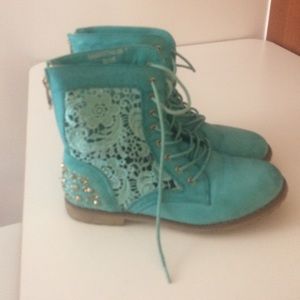 Turquoise Lace boots with gold studs on heels