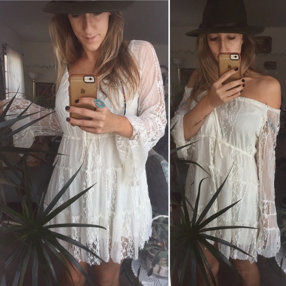 White Lace Boho Dress with Bell Sleeves