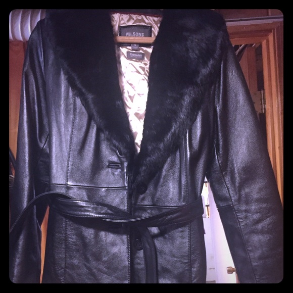 Rabbit fur collar leather coat