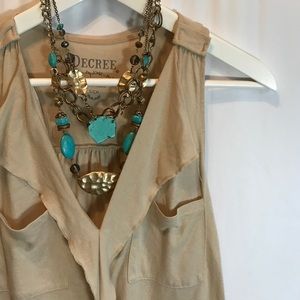 Decree Tops - Decree Shimmery Gold Beige Ruffle Blouse Small Decree Tops - Decree Shimmery Gold Beige Ruffle Blouse Small