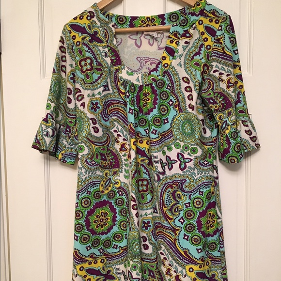 Jude Connally bright paisley dress