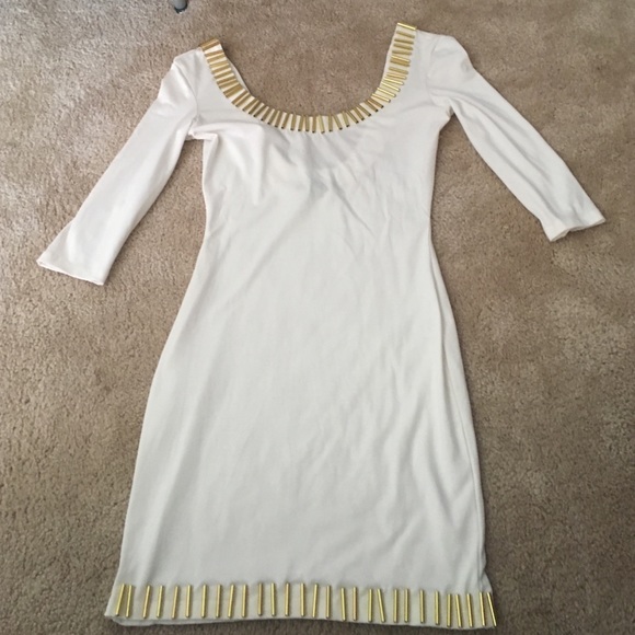 Low back white dress with gold trim, size Sm/M