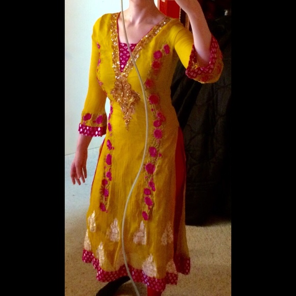 Sheer Mustard & Magenta Embellished Indian Dress