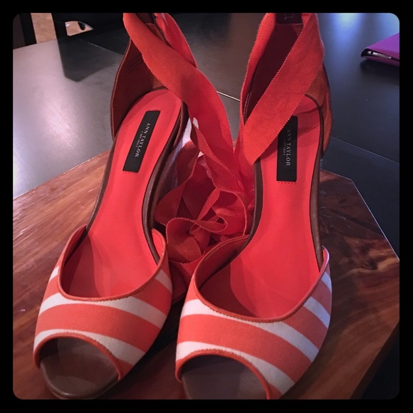 Orange and white striped lace up wedges