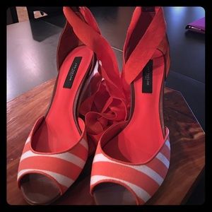 Orange and white striped lace up wedges