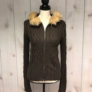 Derek Heart Brown Cable Knit Zip Up Hooded Sweater