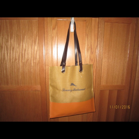 Tommy Bahama Leather and Burlap Shoulder Tote Bag