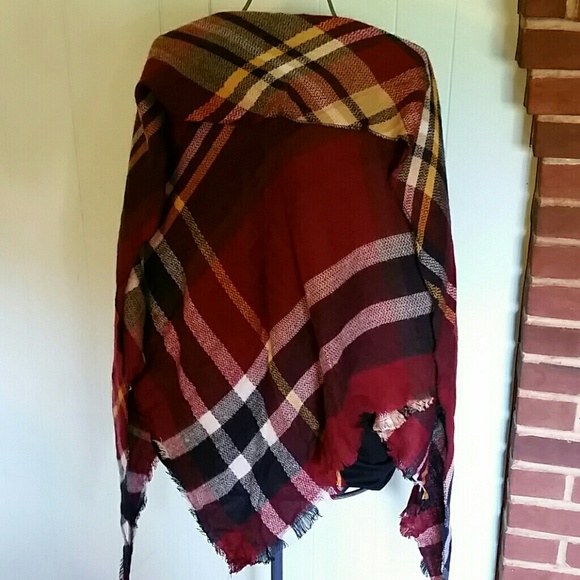 LAST ONE⏳Cranberry and Mustard Plaid Blanket Scarf - Picture 3 of 4