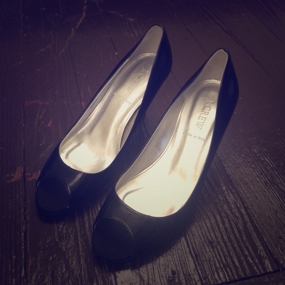 J.Crew black leather peep toe heels