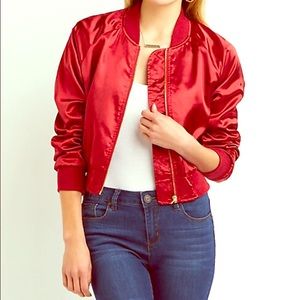 Cropped red satin bomber jacket