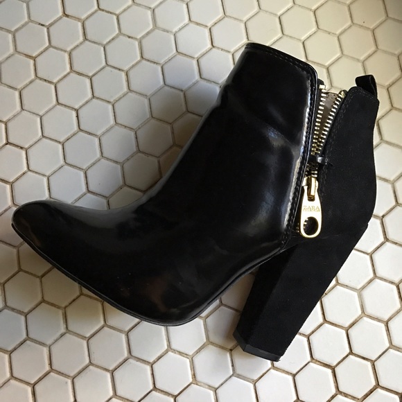 Patent and Suede Black Zip Heel Ankle Boots