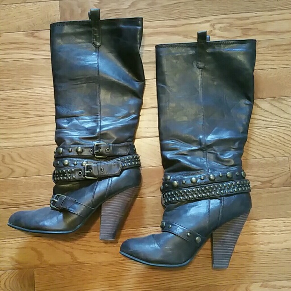 Brown stacked heel moto style boots size 8.5