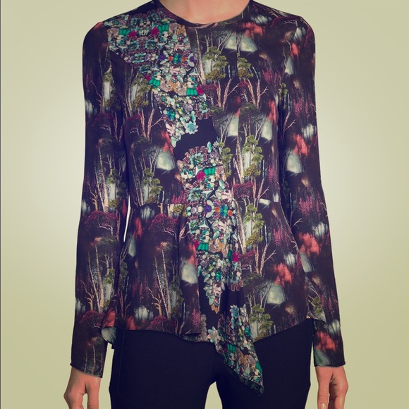 Nicole Miller Long-sleeve Printed Peplum Top SZ S
