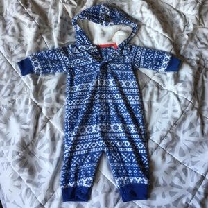 One piece warm fleece body suit with hood