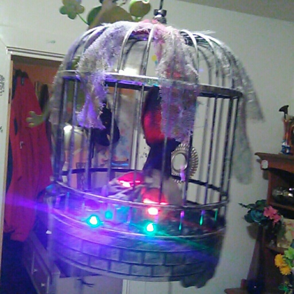 Raven inside bird cage makes noises and lights up