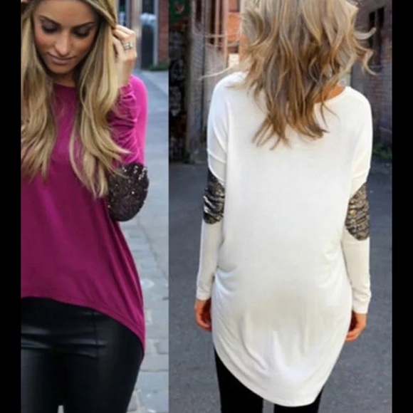 💧PRICE 💧White High Low Shimmer Elbow Patch Tee - Picture 2 of 4