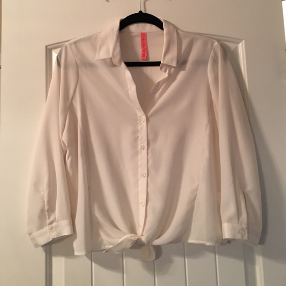 Cream Chiffon Tied-Waist Button Down