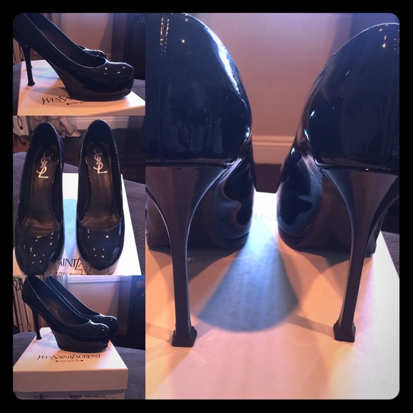 YSL Navy blue patten leather heels.