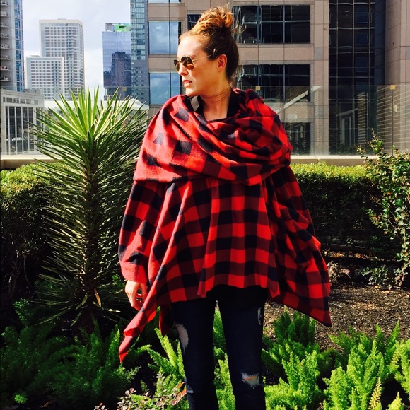 60's Couture Buffalo Plaid Cowl Neck Fleece Poncho