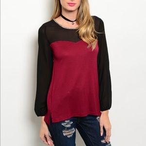 Wine Black Basic Top With Silver Gems