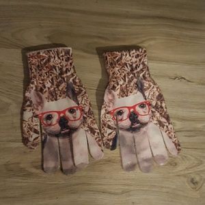 Knit gloves with dog in glasses