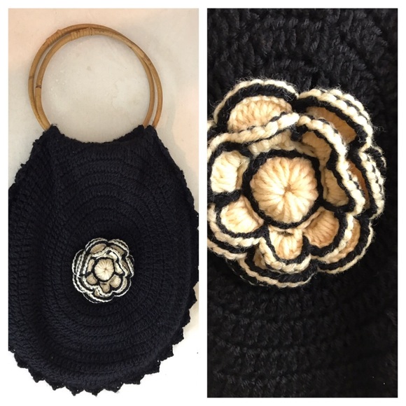 Vintage large crocheted handbag with wood handles