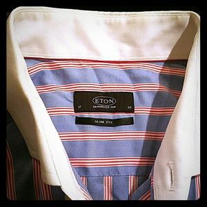 Eton Dress Men Shirt Slim Fit Blue w/ Red Stripes