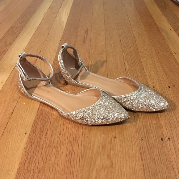 gold glitter flats with ankle straps