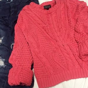 Topshop Cable Knit Crop Sweater Salmon