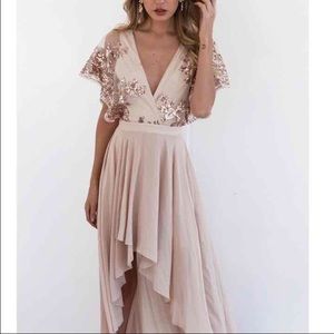 Rose gold sequins and cream colored dress