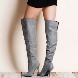 Qupid Shoes - Grey Suede Over the Knee Boots Qupid Shoes - Grey Suede Over the Knee Boots