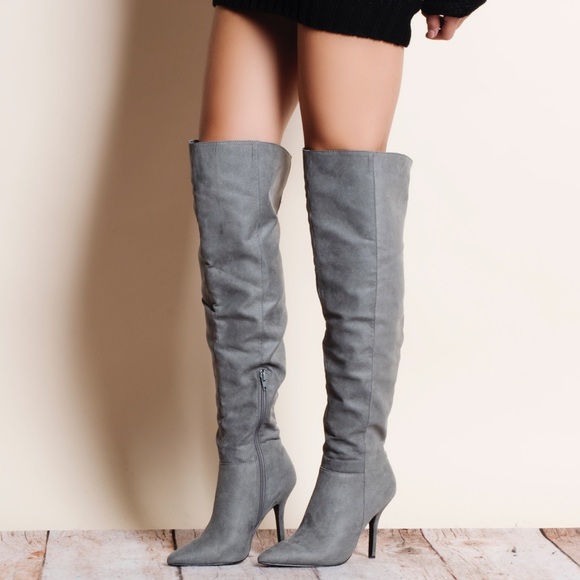 Grey Suede Over the Knee Boots - Picture 2 of 4