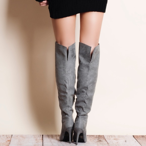Grey Suede Over the Knee Boots - Picture 4 of 4