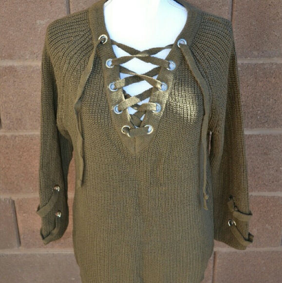 Sale<< Olive Lace Up Tie Sweater Top - Picture 2 of 4