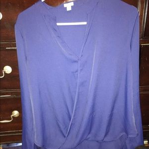 Navy blue wrap blouse.
