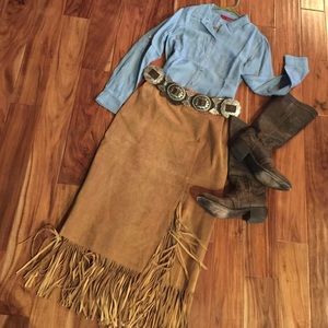 Fringe Suede Skirt Camel Tan