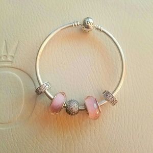 New pink themed Pandora bracelet with 5 charms!