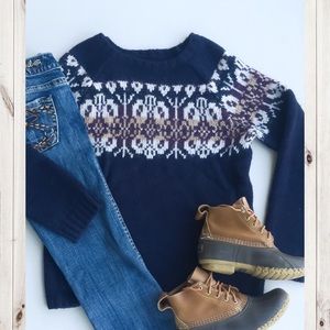 Coldwater Creek Navy Blue Fair Isle Knit Sweater