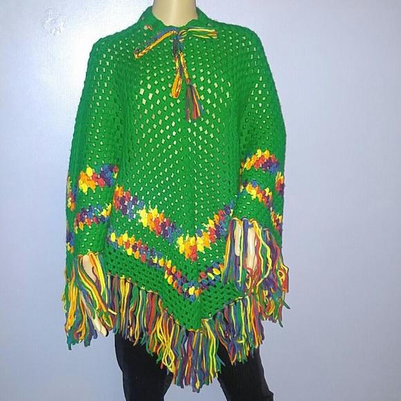 Vintage Jackets & Blazers - Sale🌟 Vintage Green Rainbow Crochet Poncho Cape L