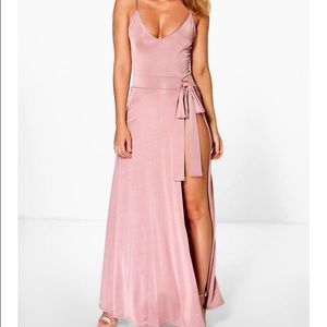 Pink silk dress with slit